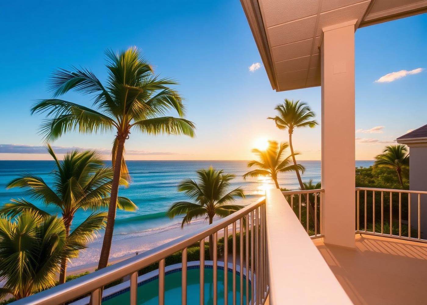 Resort balcony overlooking a turquoise ocean at sunrise